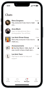 Les Amis app chat screen — connecting new friends in Barcelona