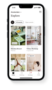 Les Amis app explore screen — curated events and experiences