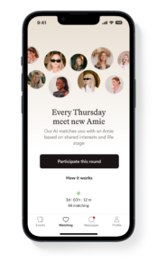Les Amis app matching screen — curated event invitations for women